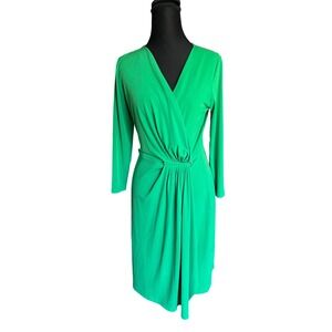 Michael Kors Green Faux Wrap Ruched Waist Midi Dress Long Sleeve XS
